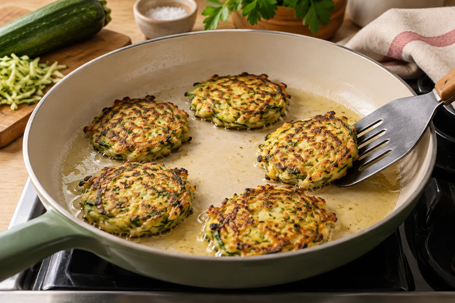 Kleine Zucchini-Puffer braten mit Abstand in einer Pfanne goldbraun