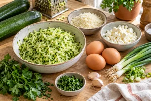 Geraspelte Zucchini, Eier, Parmesan, Feta und Kräuter für mehlfreie Puffer