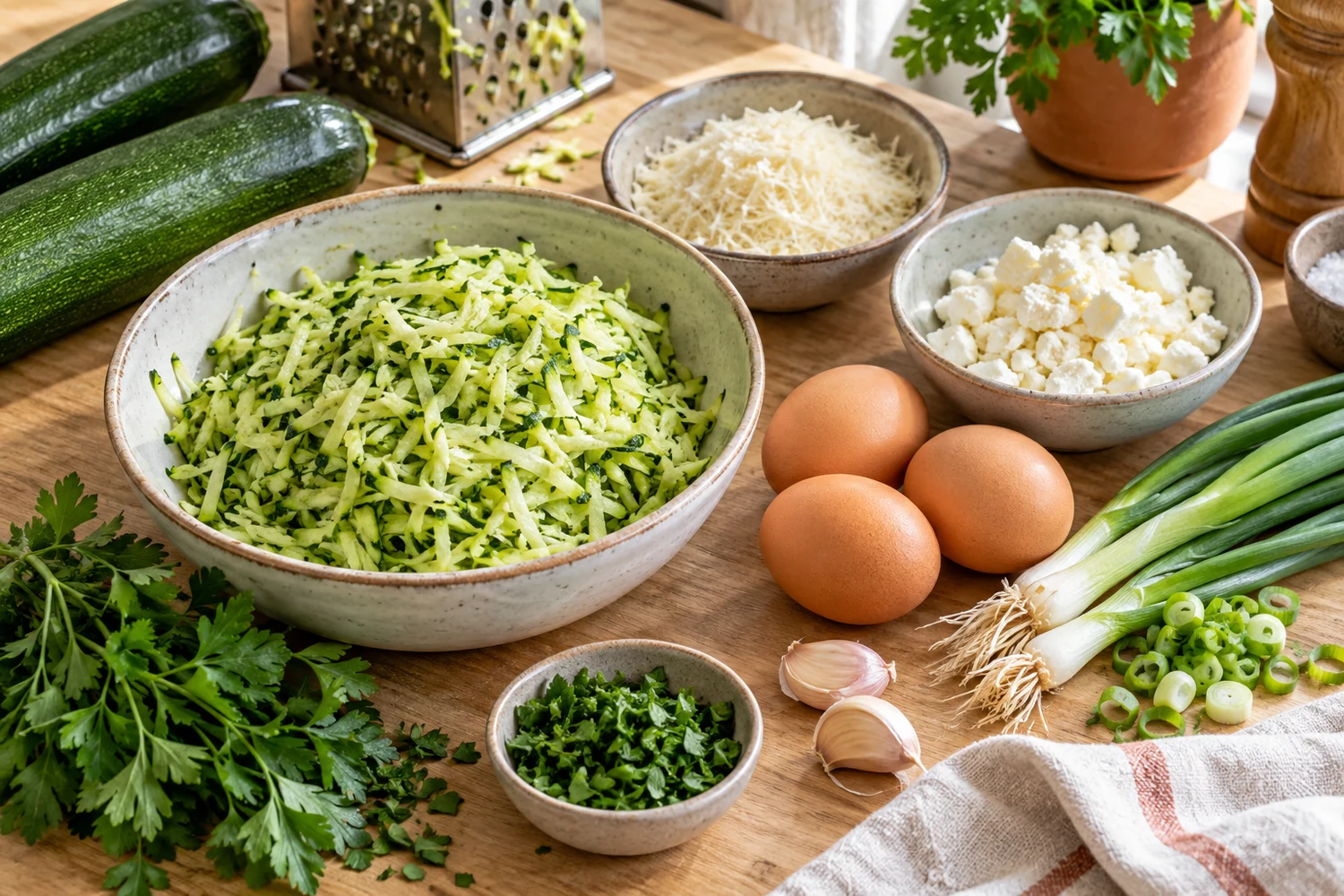 Geraspelte Zucchini, Eier, Parmesan, Feta und Kräuter für mehlfreie Puffer