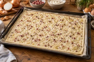 Zwiebelbelag auf ausgerolltem Hefeteig auf einem Backblech