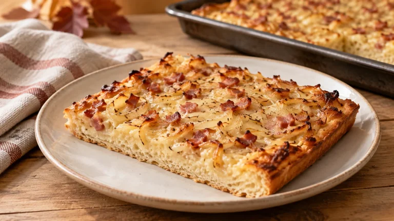 Stück Zwiebelkuchen vom Blech mit goldbraunem Boden und saftigem Zwiebelbelag