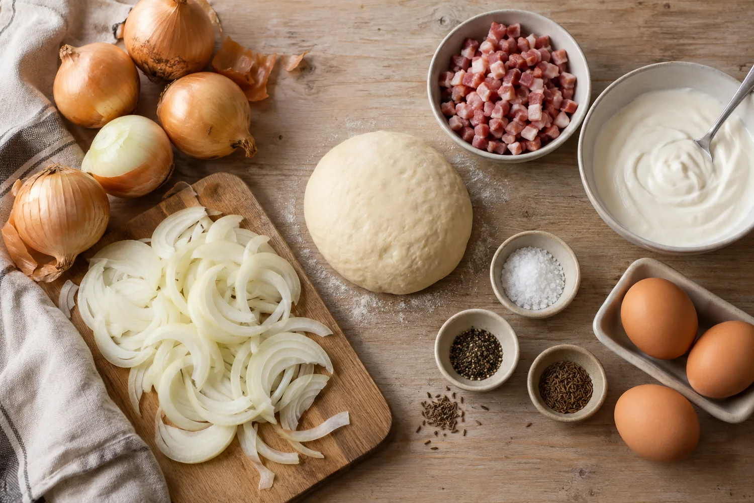 Zwiebeln, Hefeteig, Speck, Schmand und Eier für Zwiebelkuchen