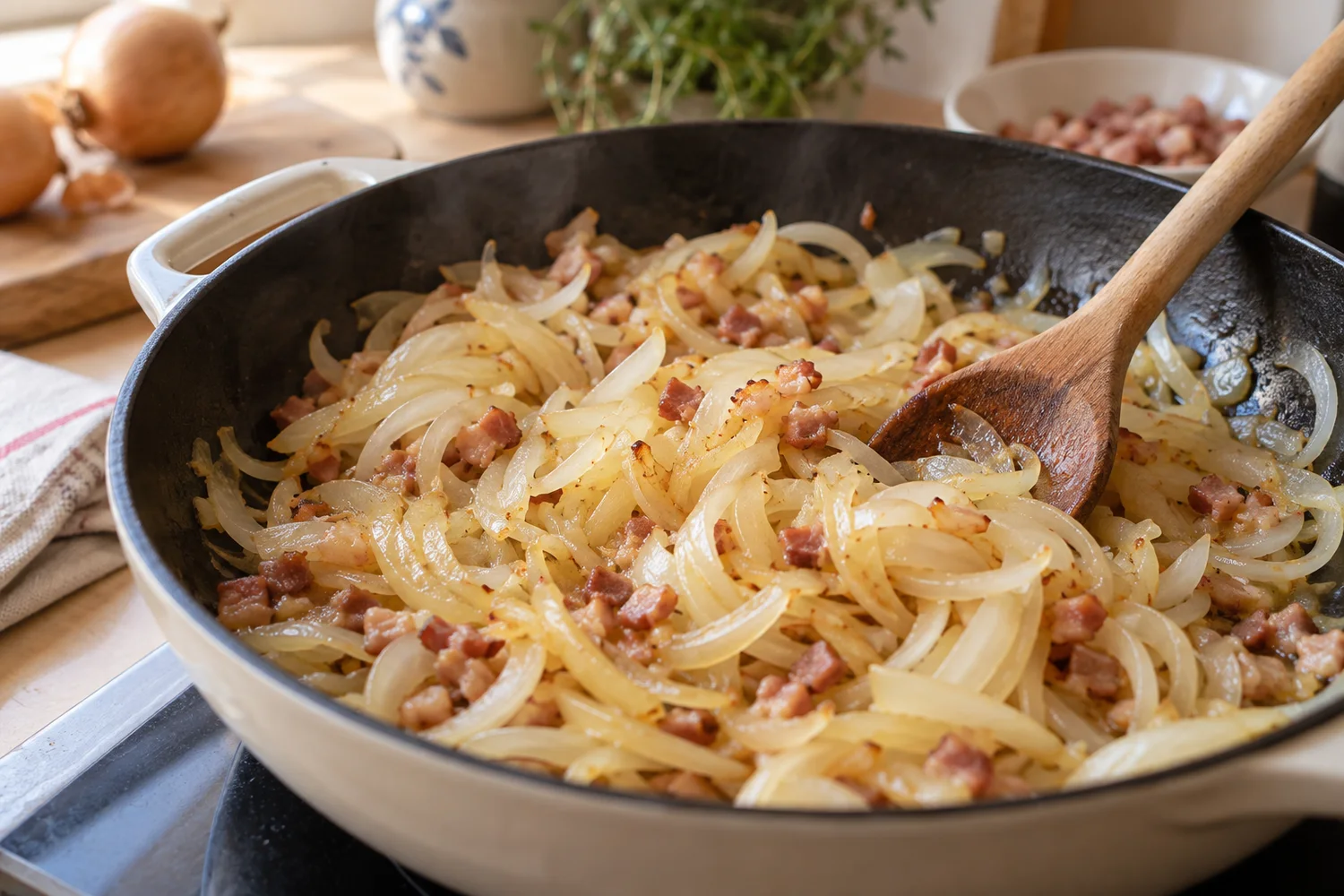 Geschnittene Zwiebeln dünsten mit Speck in einer Pfanne
