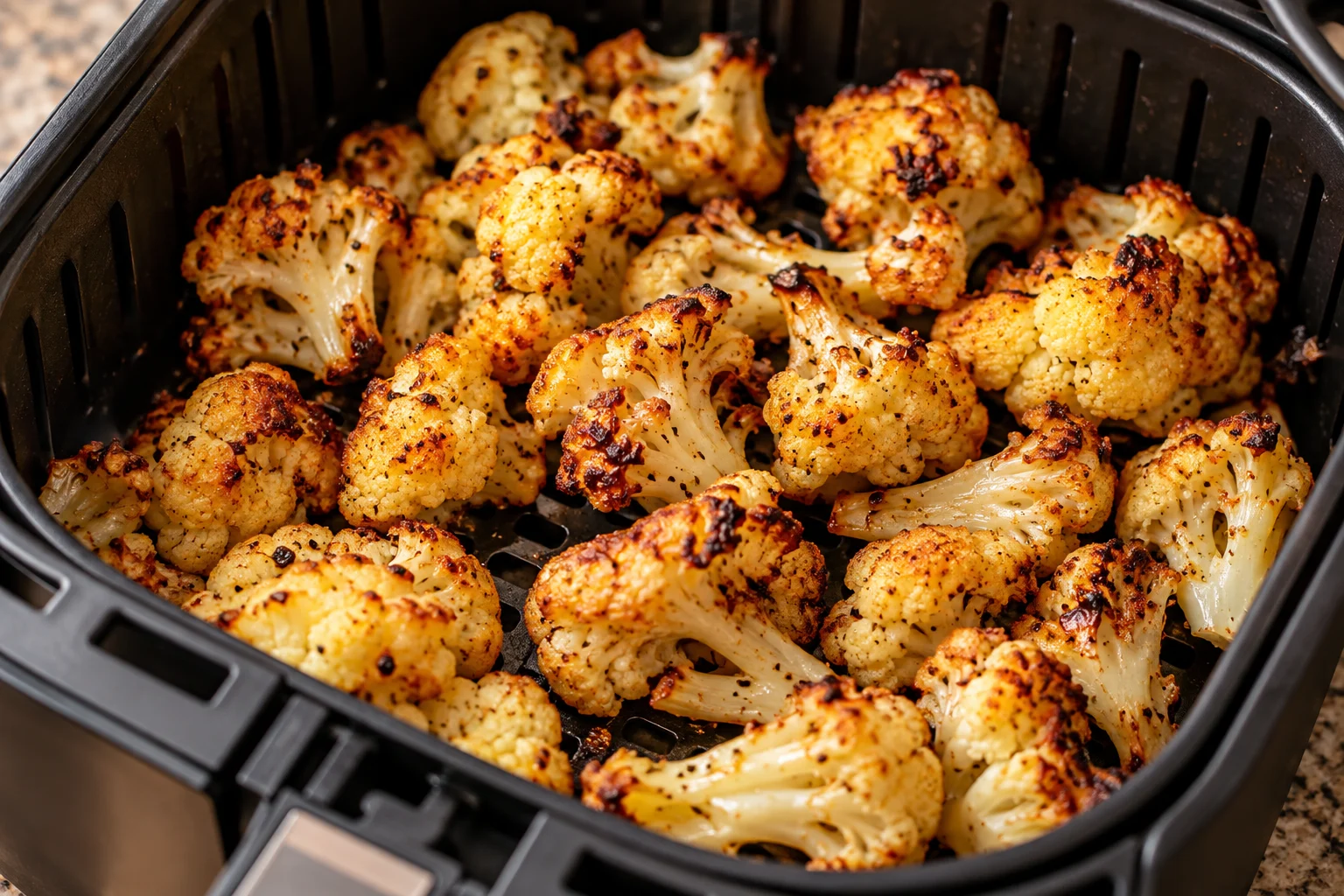 Geröstete Blumenkohlröschen mit gebräunten Spitzen im Airfryer-Korb
