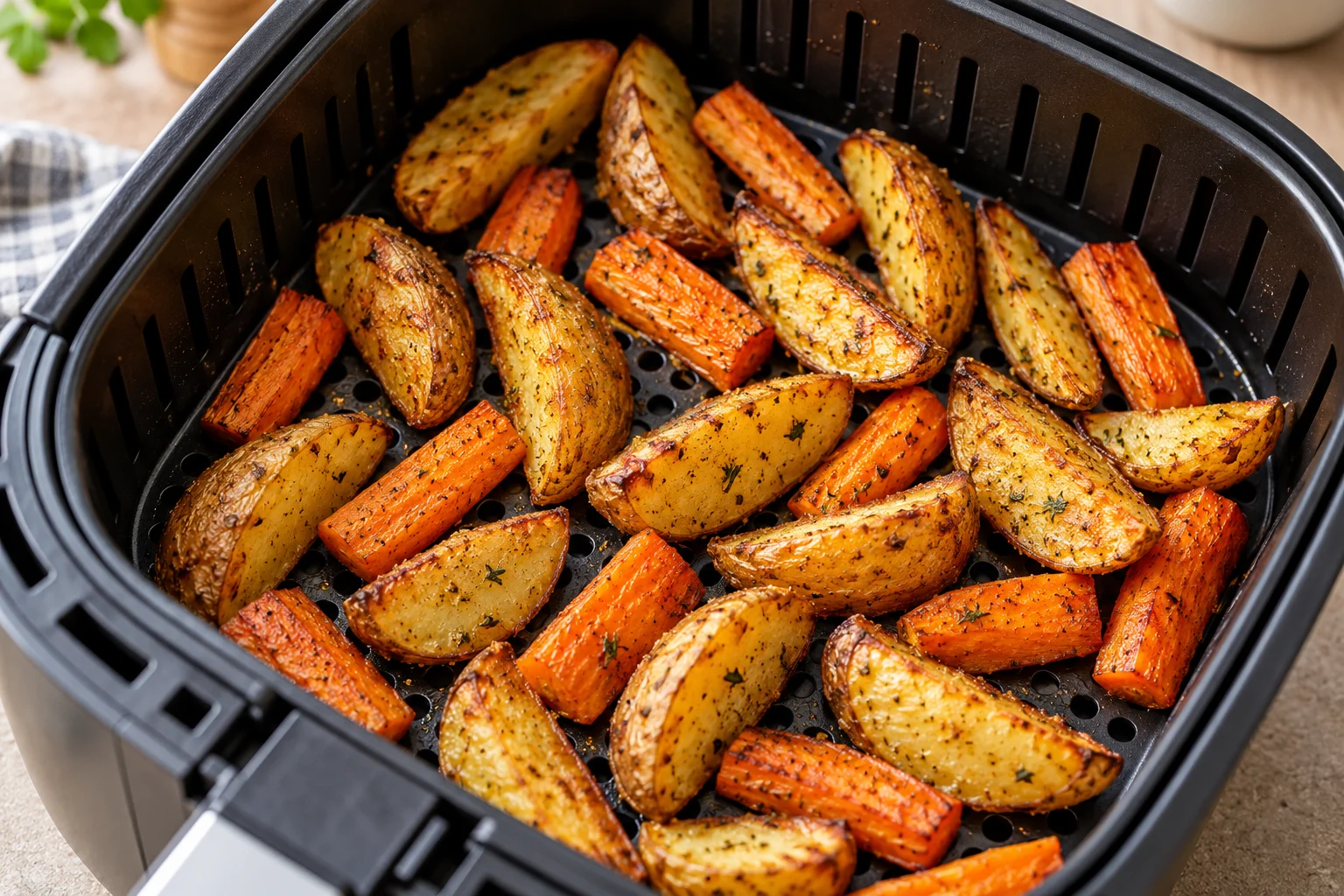 Goldbraune Kartoffelspalten und Möhrenstücke direkt auf dem freien gelochten Airfryer-Korbboden