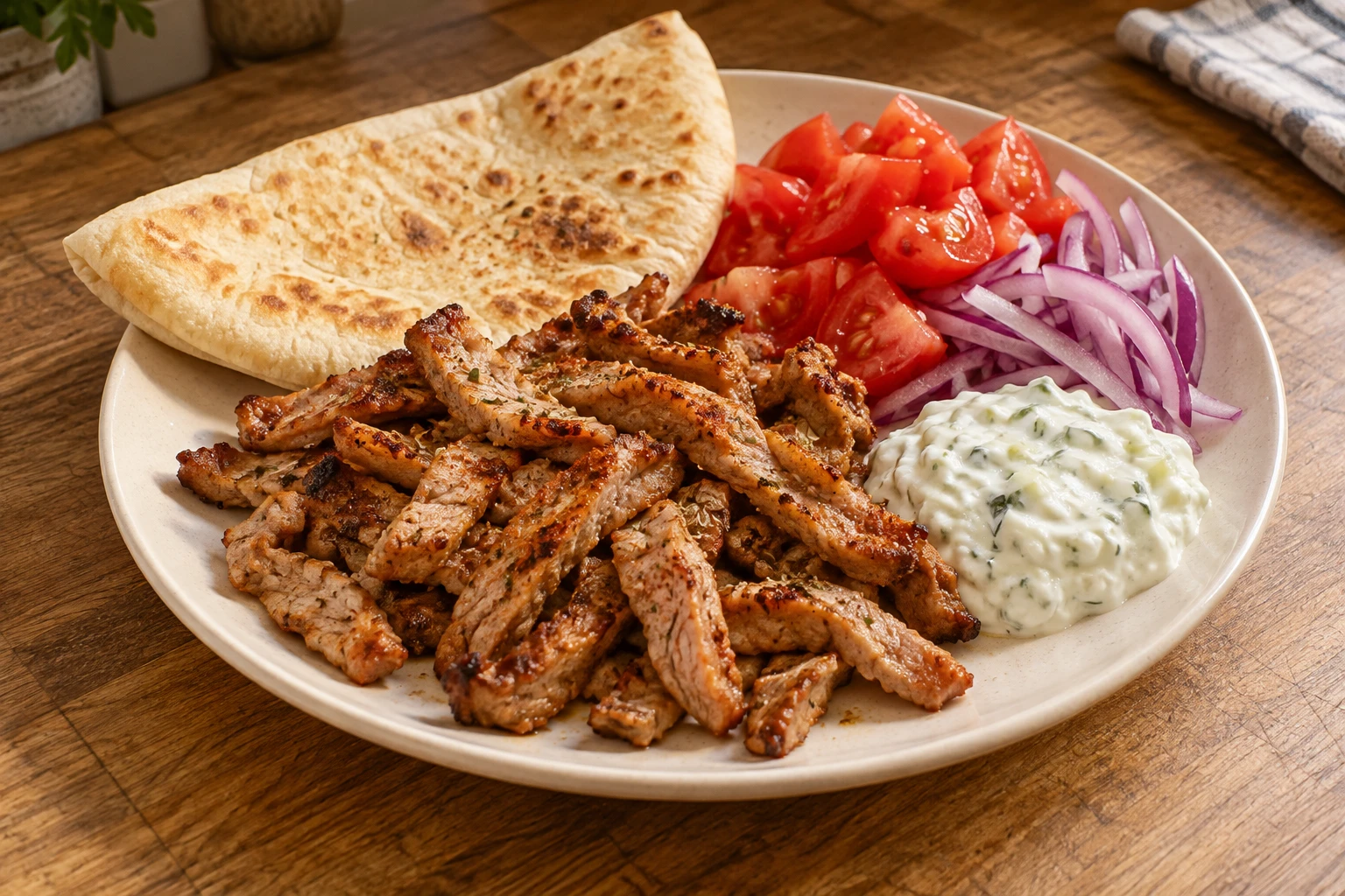 Gebräunte Gyrosstreifen mit Pita, Tzatziki, Tomaten und roten Zwiebeln