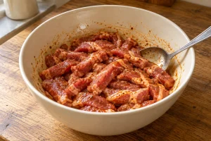 Dünne Schweinenackenstreifen werden mit Oregano-Paprika-Marinade vermengt