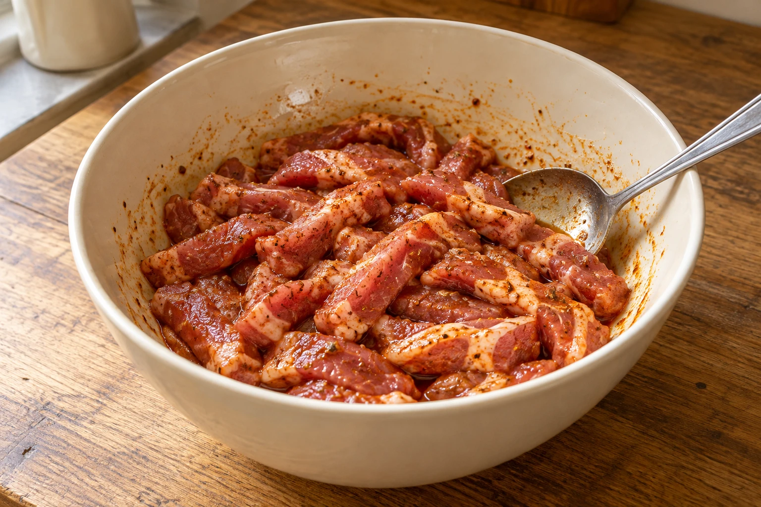 Dünne Schweinenackenstreifen werden mit Oregano-Paprika-Marinade vermengt