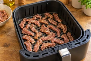 Eine kleine Portion Gyros liegt locker im gelochten Airfryer-Korb