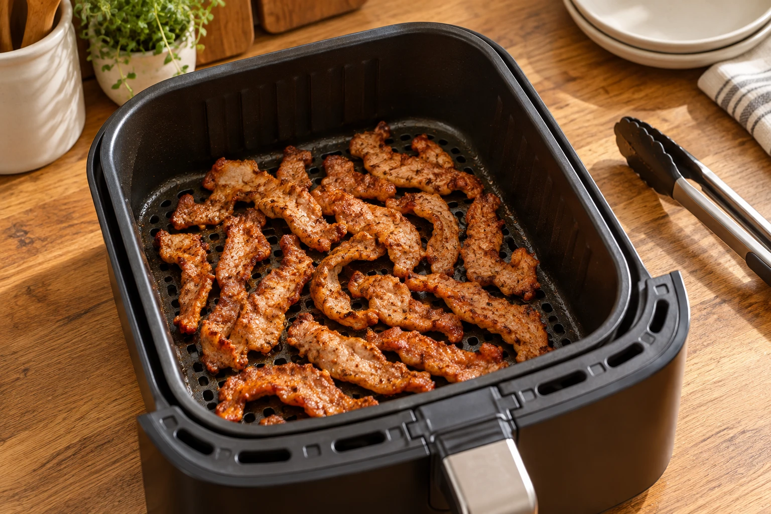 Gyrosstreifen mit gebräunten Rändern nach dem Garen im Airfryer