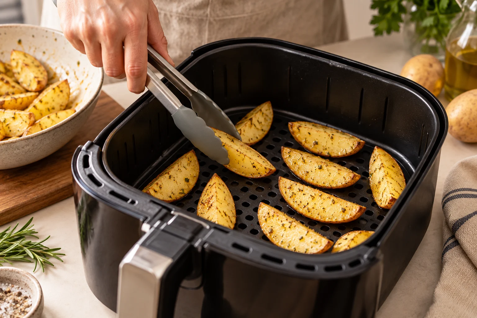 Hände verteilen Kartoffelspalten mit Abstand im Korb einer Heißluftfritteuse