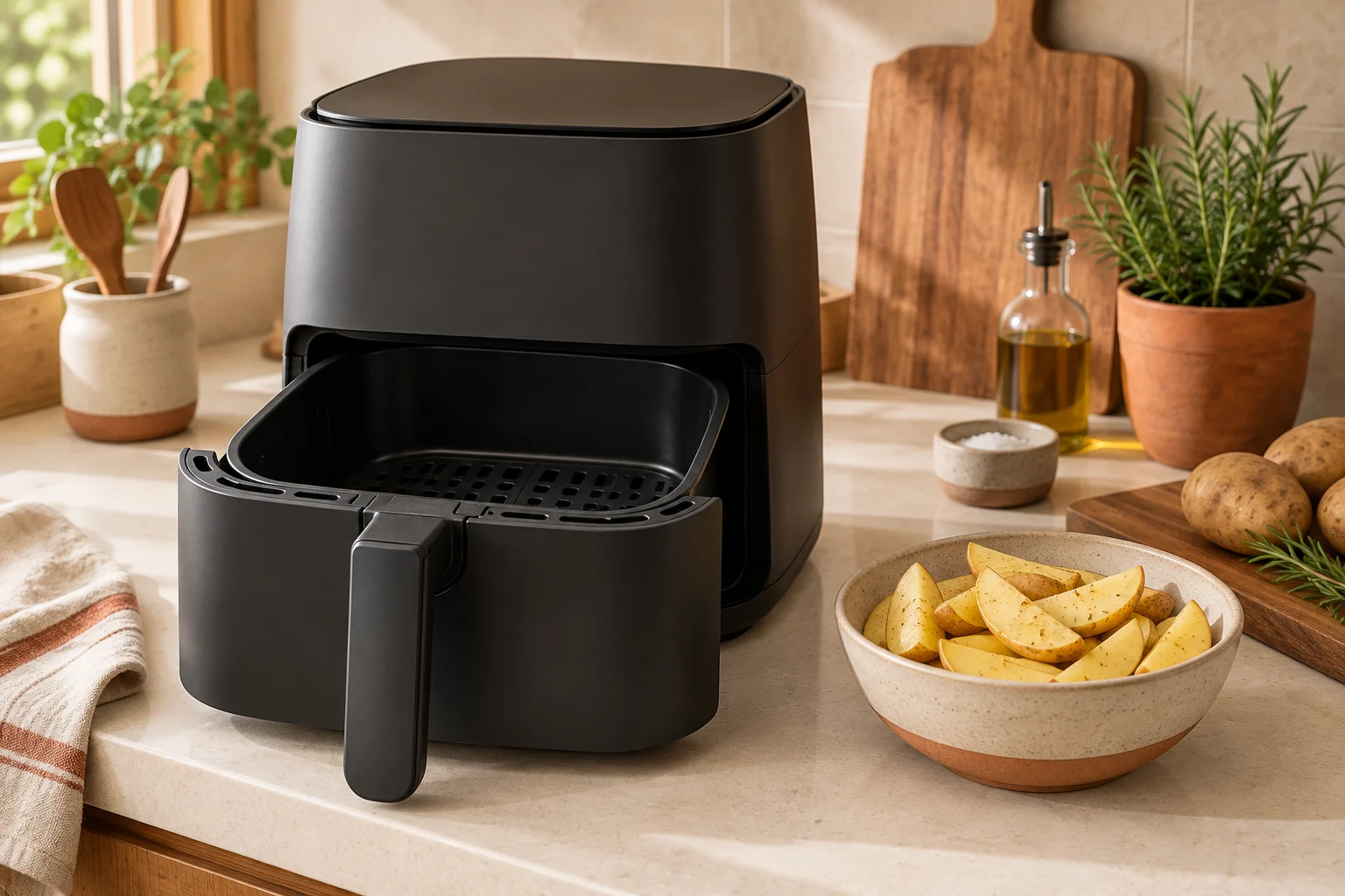 Leerer gelochter Airfryer-Korb neben rohen Kartoffelspalten auf der Küchenarbeitsfläche