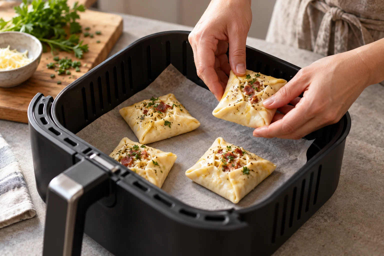 Hände setzen eine gefüllte Teigtasche auf eine von weiteren Portionen beschwerte Papiereinlage im Airfryer-Korb