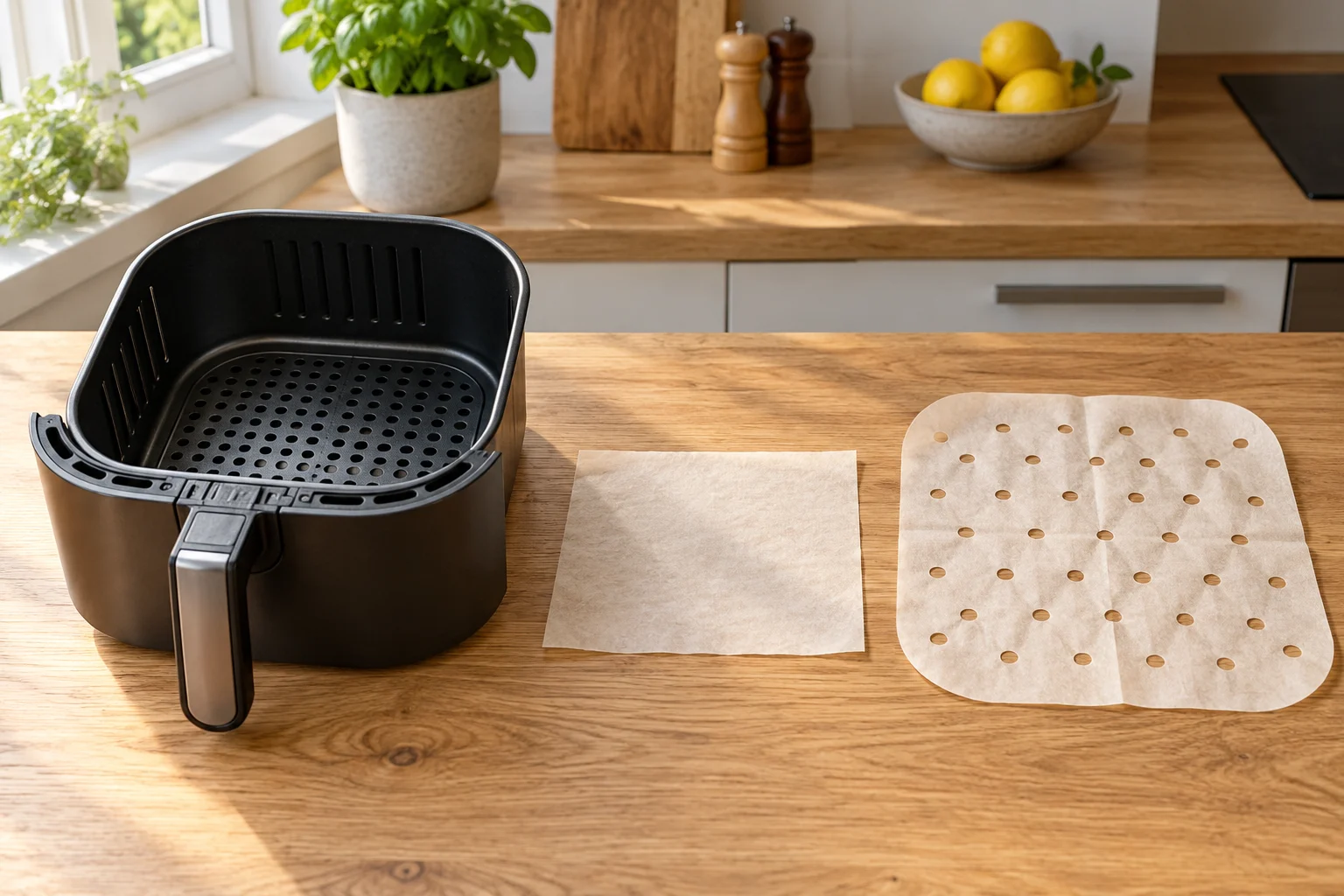 Gelochter Airfryer-Korb neben geschlossenem Backpapier und einer gelochten Papiereinlage auf einem Holztisch