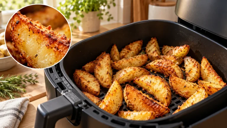 Goldbraune Kartoffelspalten im Airfryer mit einer vergrößerten Detailansicht der gebräunten Oberfläche