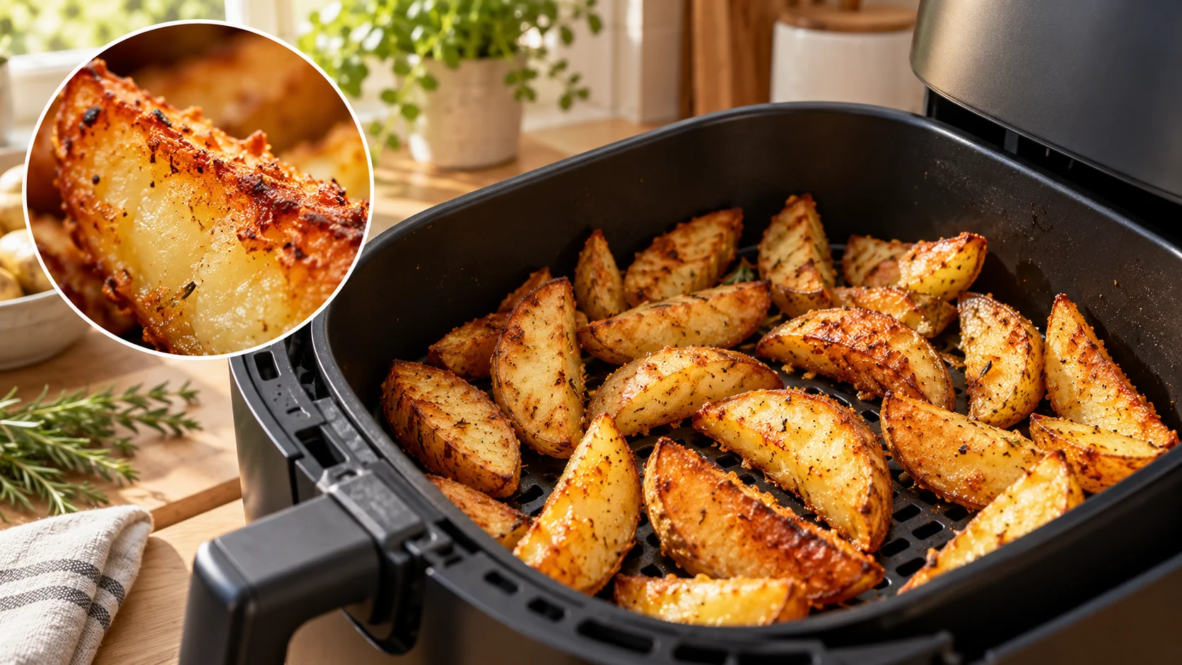 Goldbraune Kartoffelspalten im Airfryer mit einer vergrößerten Detailansicht der gebräunten Oberfläche