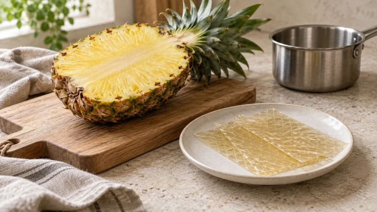 Aufgeschnittene frische Ananas neben trockenen Gelatineblättern und einem kleinen Topf.