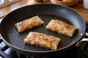 Drei flache Apfel-Reispapier-Taschen braten mit Abstand in einer Pfanne