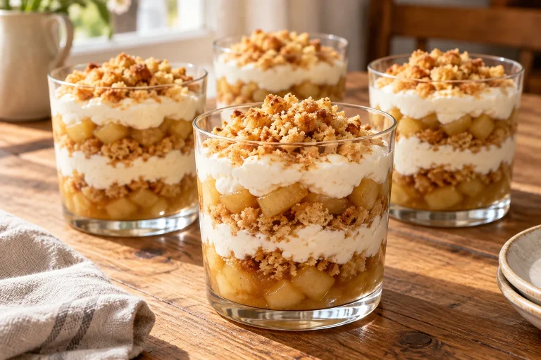 Vier Gläser Apfel-Sahne-Dessert mit goldenen knusprigen Brotbröseln