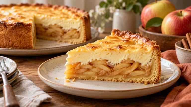 Stück Apfel-Schmand-Kuchen mit Mürbeteig, Apfelschicht und cremigem Schmandguss