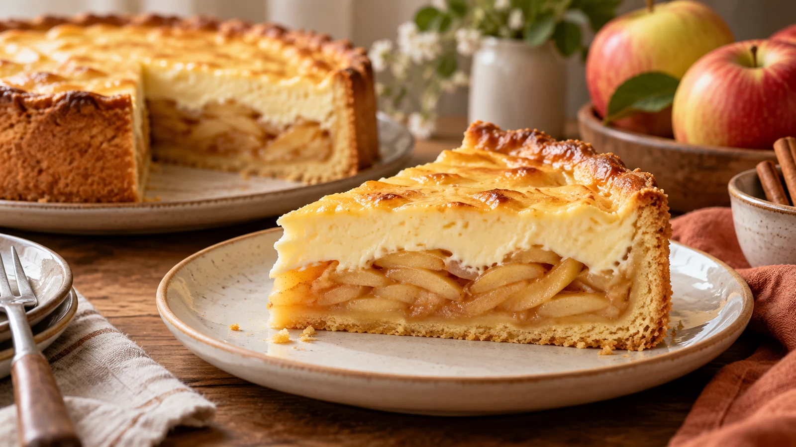 Stück Apfel-Schmand-Kuchen mit Mürbeteig, Apfelschicht und cremigem Schmandguss