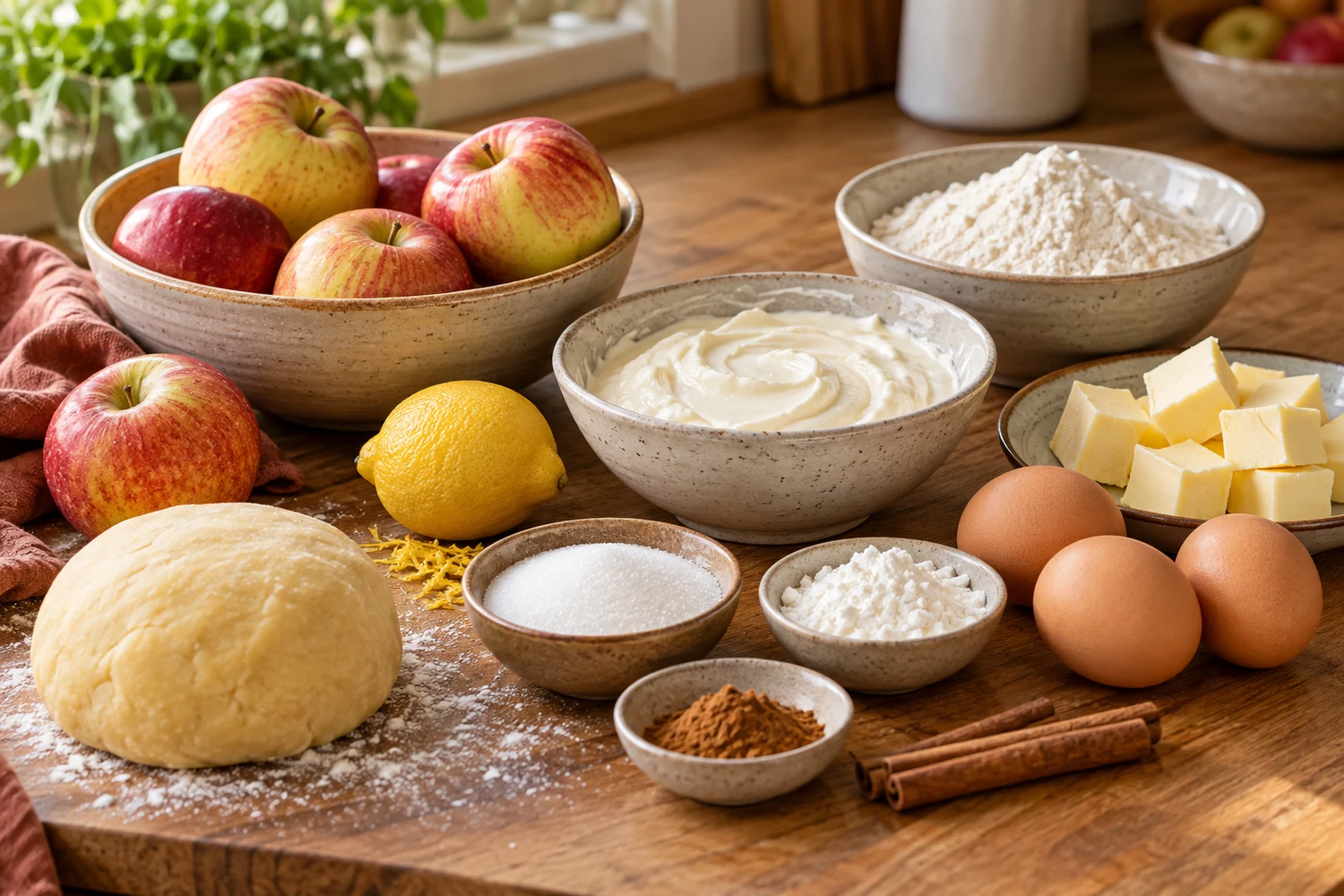 Äpfel, Schmand, Butter, Eier und weitere Zutaten für Apfel-Schmand-Kuchen