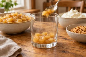 Kaltes Apfelkompott wird als erste Schicht in ein Dessertglas gelöffelt