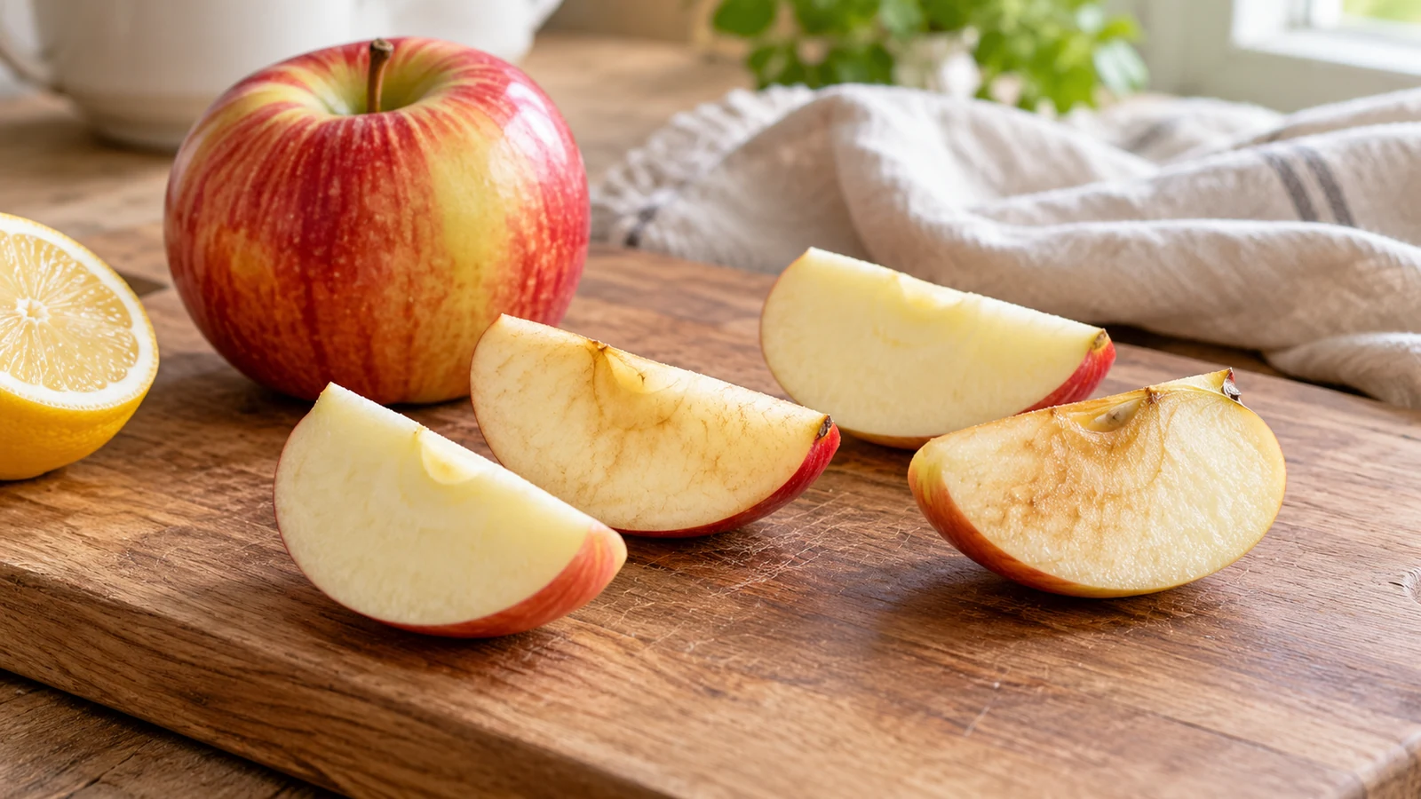 Helle und leicht gebräunte Apfelspalten auf einem Holzbrett neben einem ganzen Apfel und einer Zitrone