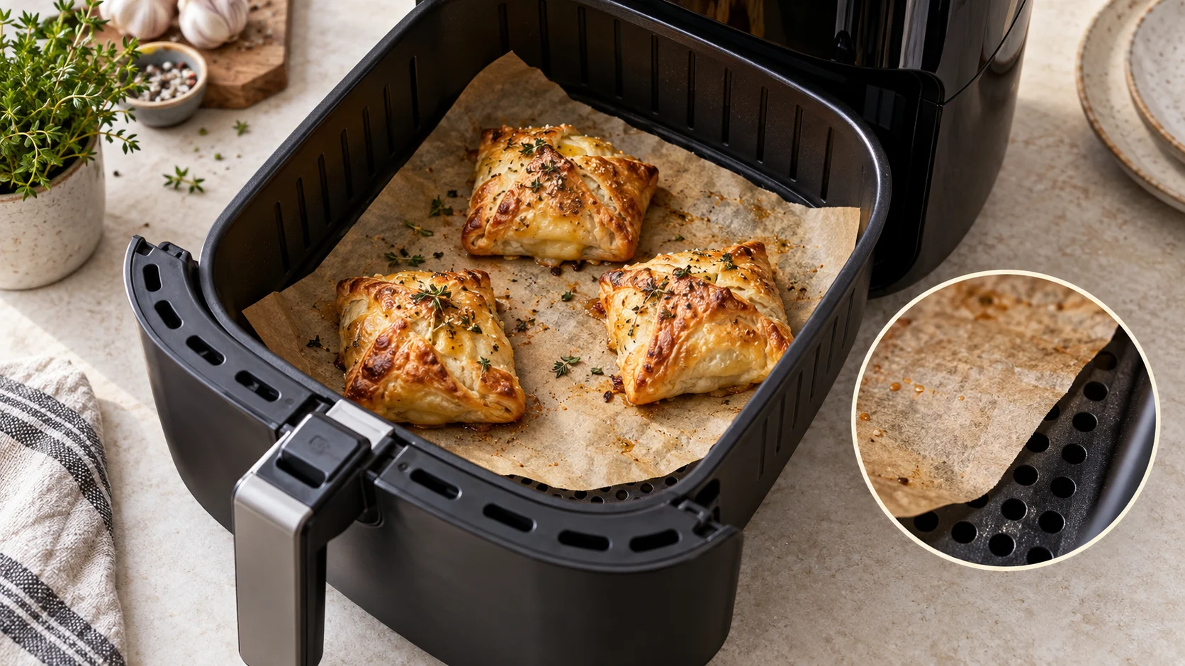 Gebäck auf Backpapier im Airfryer mit einer vergrößerten Ansicht der vom Papier verdeckten Korblöcher