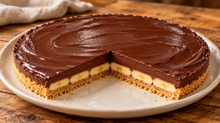 Bananen-Schoko-Tarte mit angeschnittenem Keksboden, einer Lage Bananenscheiben und glänzender dunkler Ganache.