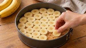 Eine Hand legt Bananenscheiben in einer einzelnen Lage auf den Keksboden.