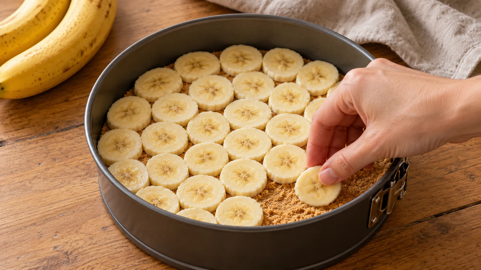 Eine Hand legt Bananenscheiben in einer einzelnen Lage auf den Keksboden.