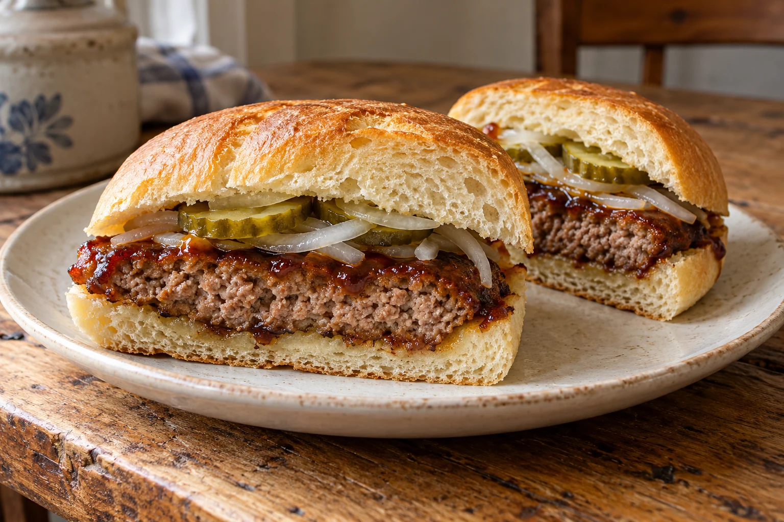 Aufgeschnittenes hausgemachtes BBQ-Schweinesandwich mit Gurken und Zwiebeln