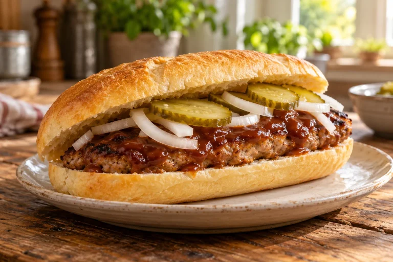 Selbst gemachtes BBQ-Schweinesandwich mit Gewürzgurken und weißen Zwiebeln