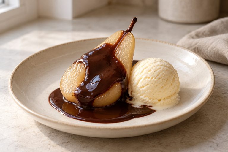Birne Helene mit einer Kugel Vanilleeis und dunkler Schokoladensauce
