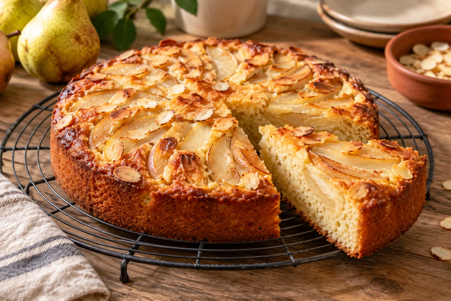 Goldbrauner Birnen-Mandel-Kuchen auf einem Kuchengitter