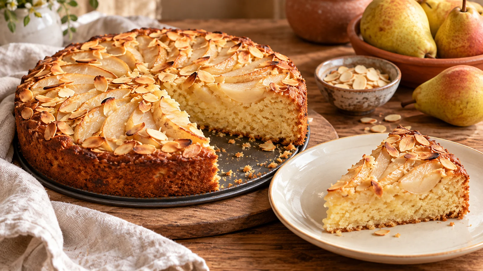 Birnenkuchen mit Mandeln und angeschnittenem saftigem Boden
