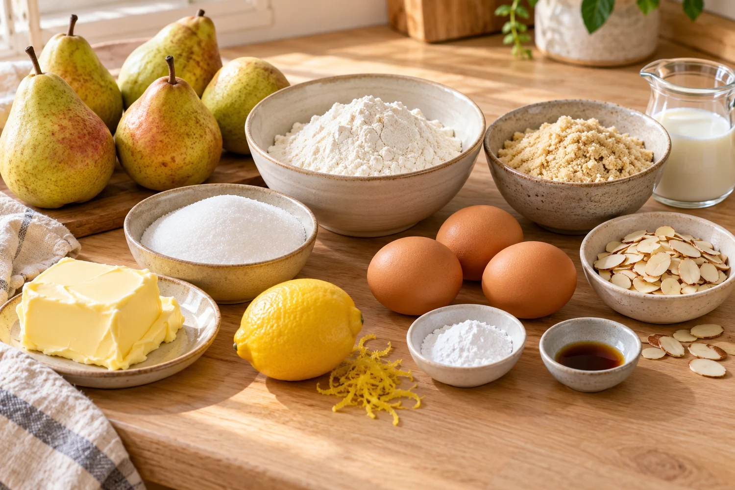 Birnen, Butter, Zucker, Eier, Mehl, Mandeln, Milch und Zitrone für den Kuchen