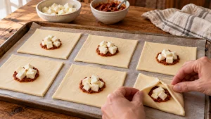 Sechs Blätterteigrechtecke werden in der Mitte mit Tomatenpesto und festem Mozzarella belegt.