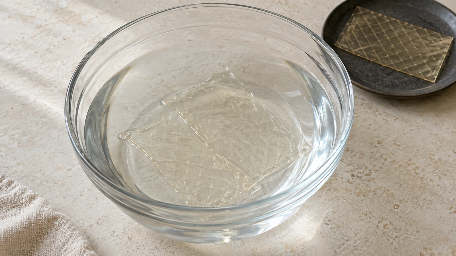 Gelatineblätter liegen in einer Glasschüssel mit klarem Wasser; daneben ein trockenes Blatt.