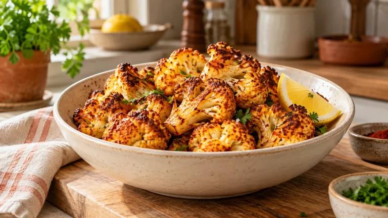 Gerösteter Blumenkohl aus dem Airfryer mit goldbraunen Rändern und Zitrone