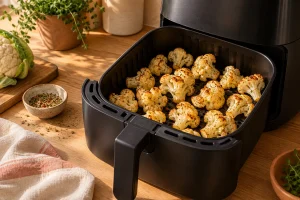 Gewürzte Blumenkohlröschen locker im Airfryer-Korb