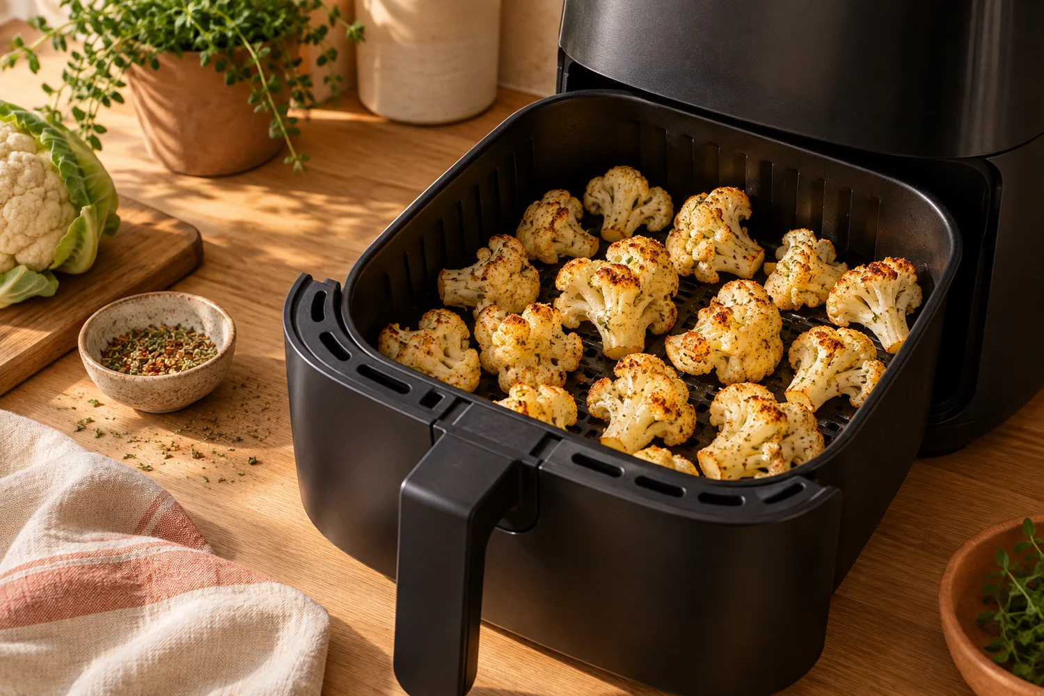 Gewürzte Blumenkohlröschen locker im Airfryer-Korb