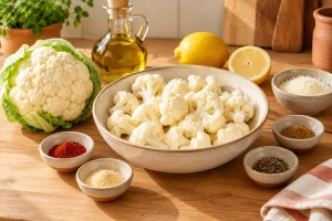 Frischer Blumenkohl, Öl, Gewürze, Zitrone und optionaler Parmesan