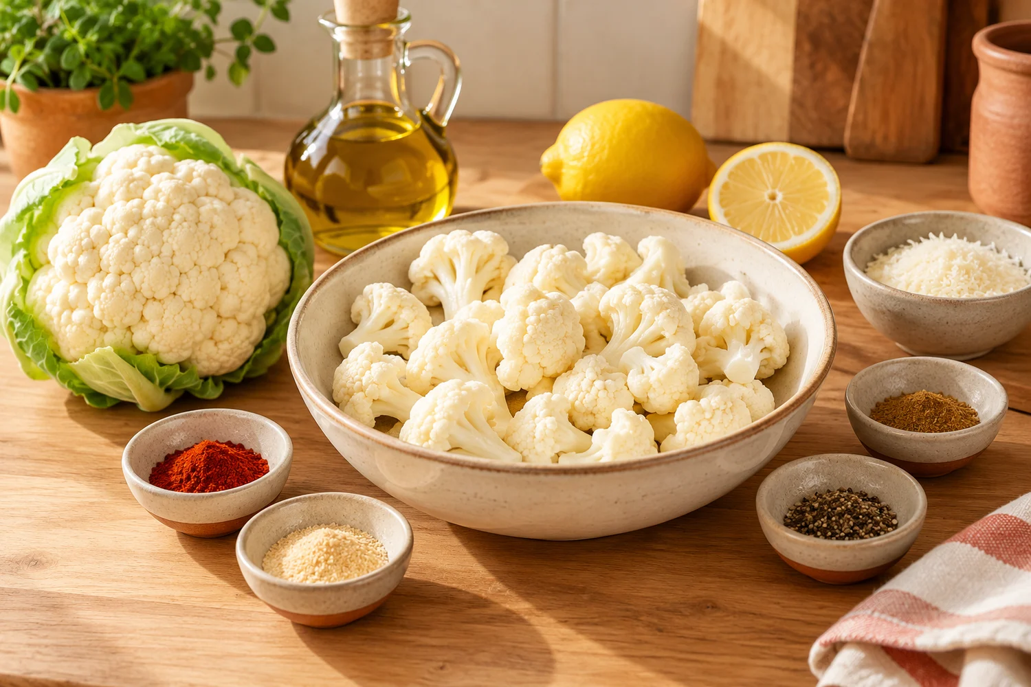 Frischer Blumenkohl, Öl, Gewürze, Zitrone und optionaler Parmesan