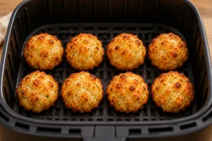 Acht Blumenkohlbällchen garen mit Abstand im Airfryer-Korb.