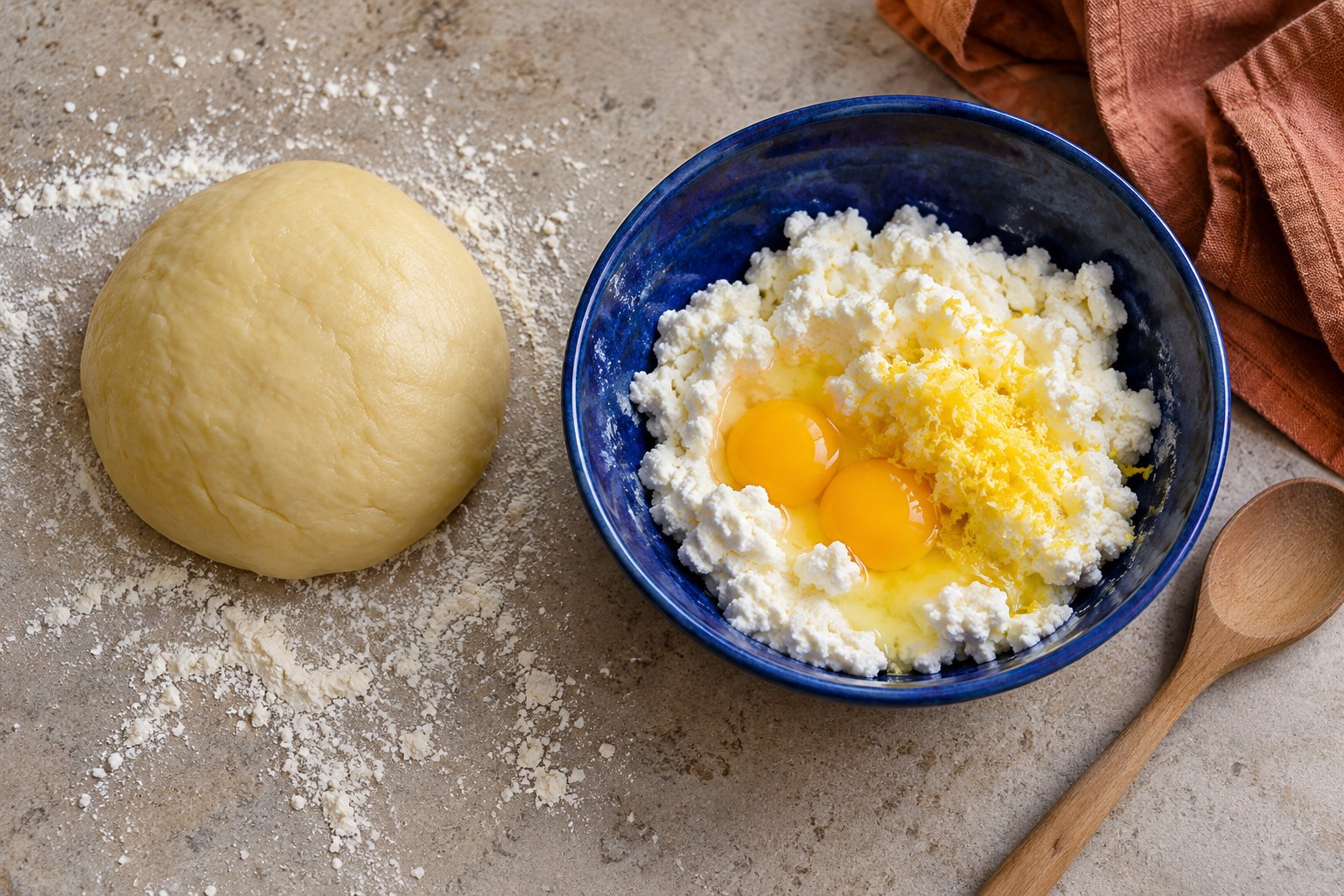 Glatter Olivenölteig neben Ricotta, Ei und fein abgeriebener Zitronenschale