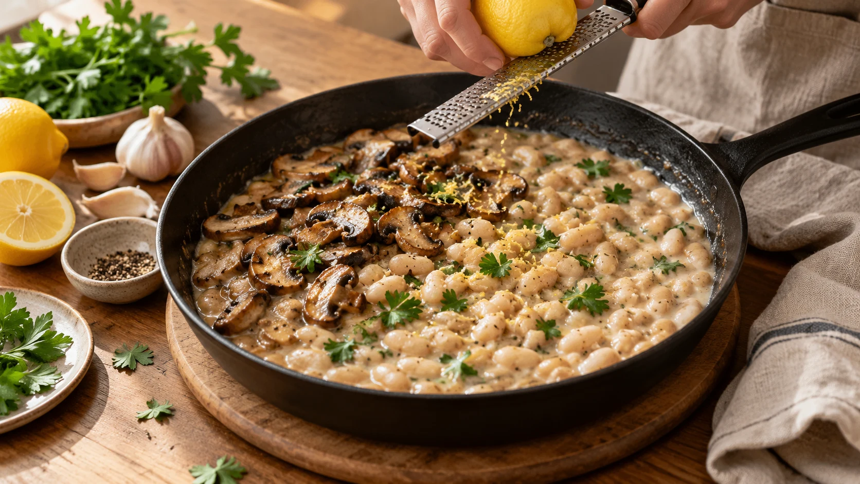 Frische Zitronenschale wird über weiße Bohnen und gebräunte Champignons in einer Pfanne gerieben