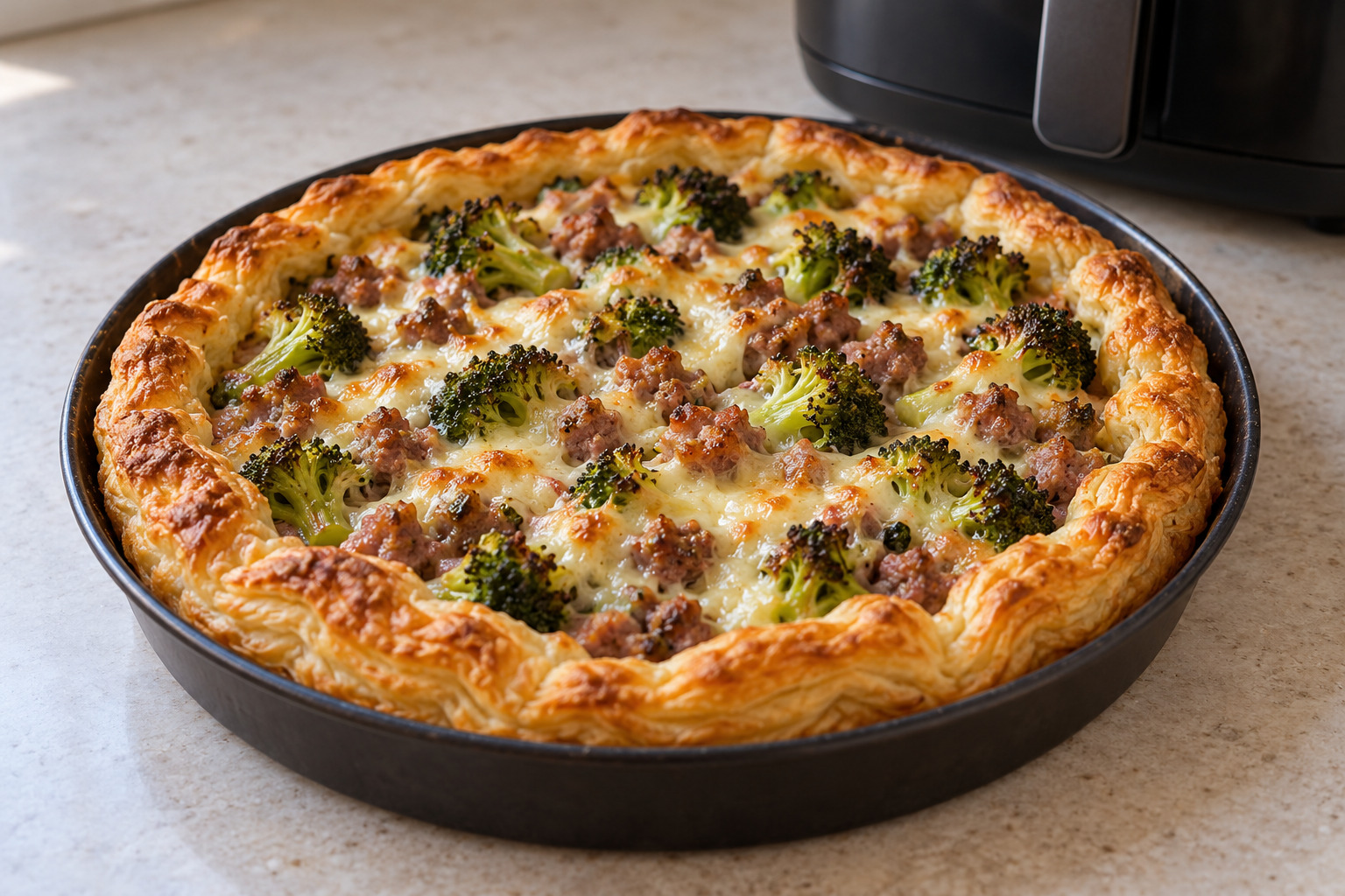 Brokkoli-Salsiccia-Tarte mit geschmolzener Scamorza und Blätterteigrand