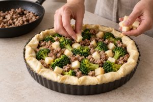 Brokkoli, Salsiccia und Scamorza werden auf dem Blätterteig verteilt